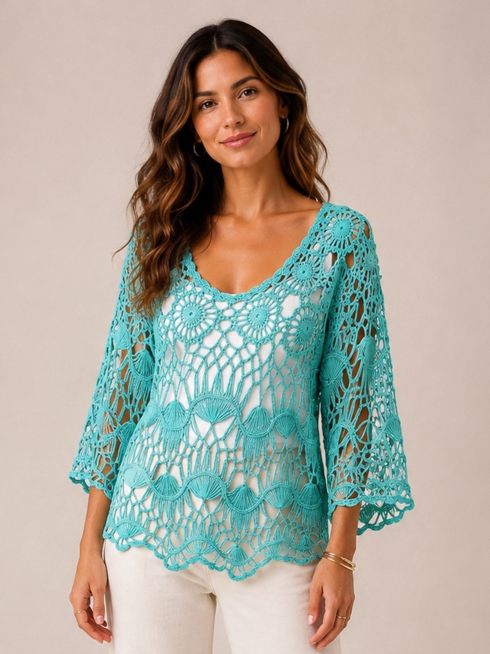 Umgee Aqua blue Crocheted Flower Pattern Long Sleeve & Scoop Neck Sweater Sz: S